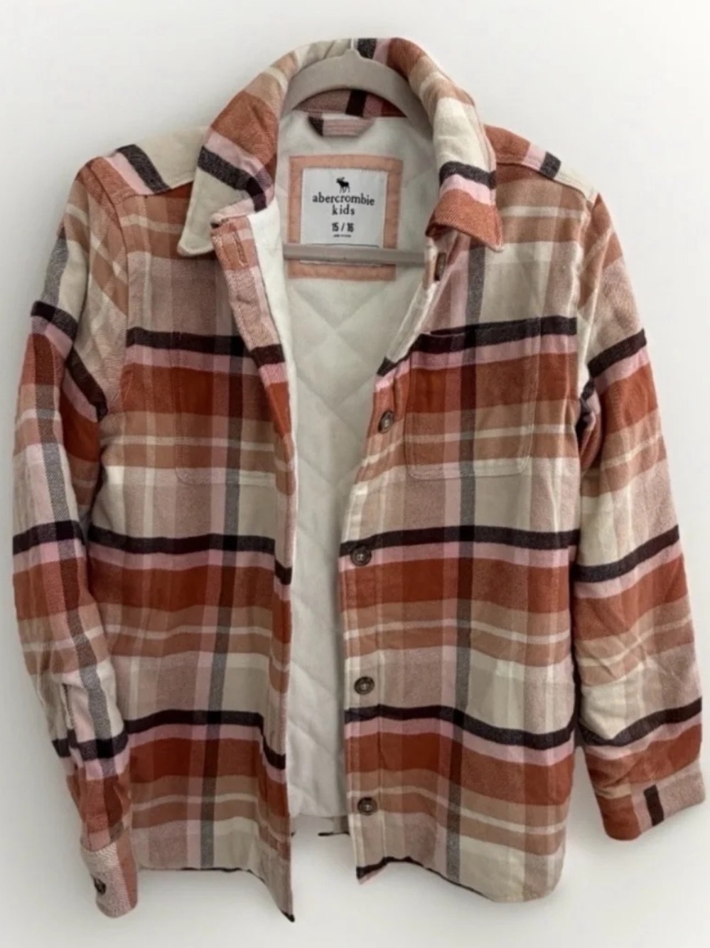 NEW Abercrombie youth Plaid Quilted Jacket size 15/16 Cream & Rust